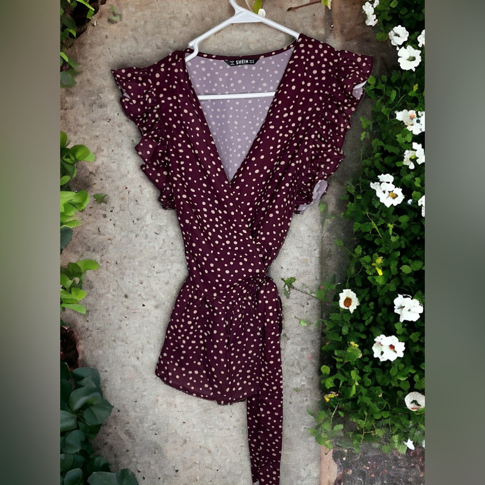 Shein Womens Extra Small (XS) Purple With Pink Polka Dots Wrap Tie Top Ruffles